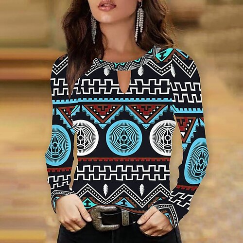

Women's T shirt Tee Yellow Pink Purple Geometric Print Long Sleeve Daily Weekend Basic Ethnic Round Neck Regular Cotton Geometric Painting S