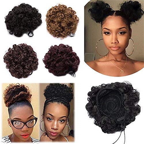 

kinky curly updo fluffy scrunchy hairpiece kort afro puff snoretræk hestehale elastisk chignon bun hair extensions med 2 clips til afroamerikanske kvinder-mørkebrun 2 stk.