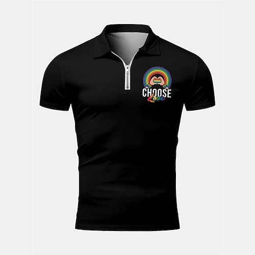 

Herre POLO Trøje Golftrøje Zip Polo Regnbue Bogstaver Grafiske tryk Aftæpning Sort udendørs Gade Kort Ærme Lynlås Trykt mønster Tøj Mode Designer Afslappet Åndbart