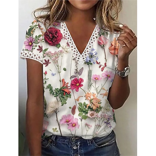 

Mulheres Camiseta Branco Rosa Azul Floral Geométrica Renda Imprimir Manga Curta Casual Diário Básico Decote V Padrão S