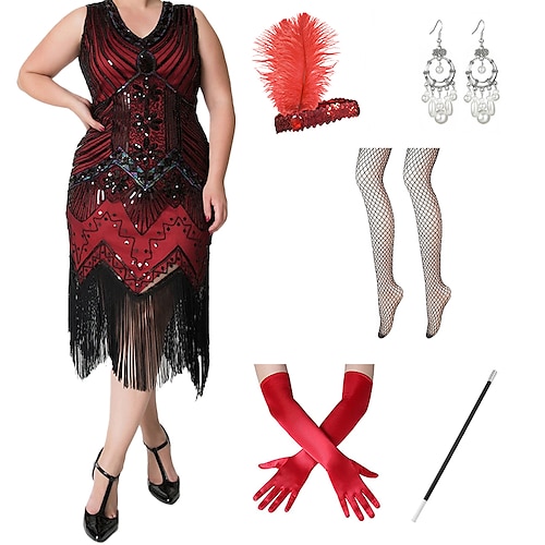 

The Great Gatsby Roaring 20s 1920s Cocktail Dress Vintage Dress Flapper Dress Cocktail Dress Accesories Set Women's Sequins Tassel Fringe Costume Vintage Cosplay Party / Evening Prom Dress Masquerade