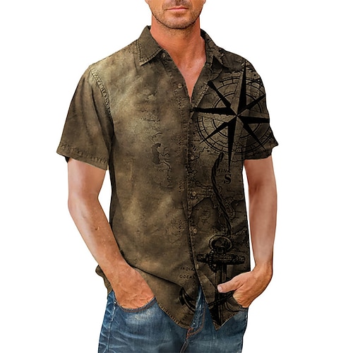 

Herren Hemd Hawaiihemd Sommerhemd Grafik-Drucke Kompass Umlegekragen Khaki Strasse Casual Kurze Ärmel Button-Down Bedruckt Bekleidung Tropisch Sport Strassenmode Designer