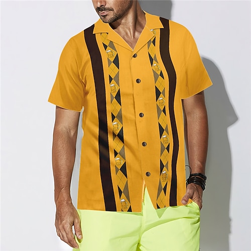 

Homens Camisa Social Camisa havaiana Letra Estampas Abstratas Cerveja Aberto para a Lateral Amarelo Casual Feriado Manga Curta Botão para baixo Imprimir Roupa Tropical Moda Havaiana Macia