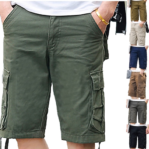 

Homens Bermuda Cargo Calção Perna Cordão 6 Bolso Tecido Conforto Ao ar livre Diário Para Noite 100% Algodão Moda Roupa de rua Verde Preto