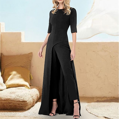 

Jumpsuit / Pantsuit Gjestekjoler til bryllup Elegant Kjole Festklær Ankellengde Halvlange ermer Besmykket Elastisk chiffon med Ren Farge 2023