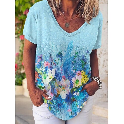 

T shirt Tee Femme Noir Rose Claire Bleu Feuille Floral Imprimer Manche Courte Vacances Fin de semaine basique Col V Normal Standard Fleur Peinture S