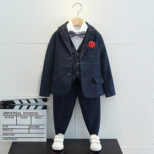 

4 Dele Børn Drenge Jakkesæt og blazer Trøje & Bukser Outfit Ternet Langærmet Sæt Formel Basale Mode Efterår Forår 7-13 år Blå
