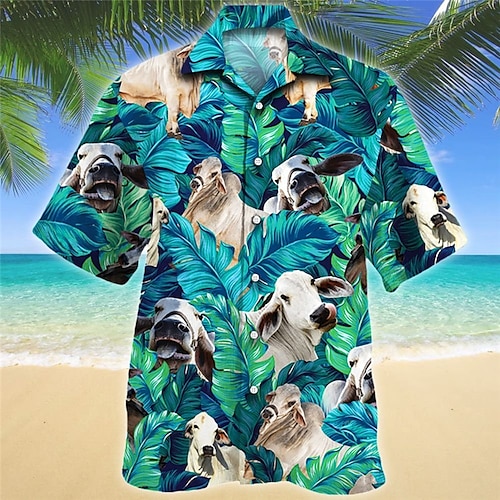 

Herren Hemd Hawaiihemd Sommerhemd Grafik-Drucke Kuh Blätter Umlegekragen Blau Casual Festtage Kurzarm Button-Down Bedruckt Bekleidung Tropisch Modisch Hawaiianisch Weich