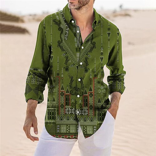 

Men's Shirt Graphic Prints Vintage Geometry Turndown Green Gray Outdoor Street Long Sleeve Button-Down Print Clothing Apparel Tropical Fashion Boho Streetwear