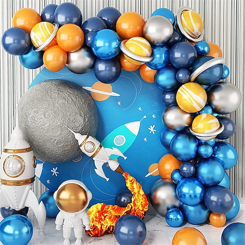 

88Pcs Outer Space Party Decorations Balloon Garland Kit, Space Birthday Party Supplies Ufo Rocket Astronaut Navy Blue Silver Foil Latex Balloons For Boys Kids,