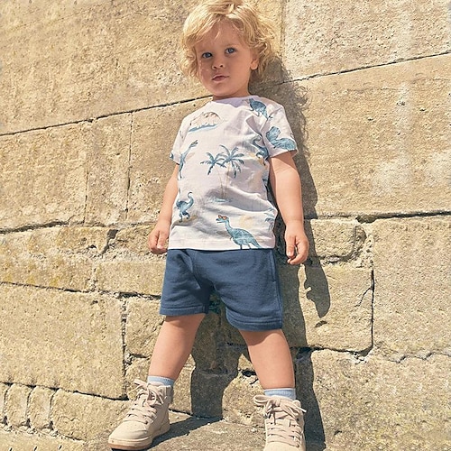 

2 Dele Børn Drenge T-shirt & Shorts Outfit Tegneserie Dinosaurus Kortærmet Crewneck Sæt udendørs Sej Daglig Forår Sommer 3-7 år Hvid