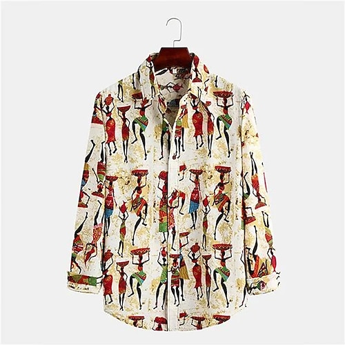 

Hombre Camisa Tribal Estampados Cuello Vuelto Caqui Exterior Calle Manga Larga Abotonar Estampado Ropa Moda Boho Design