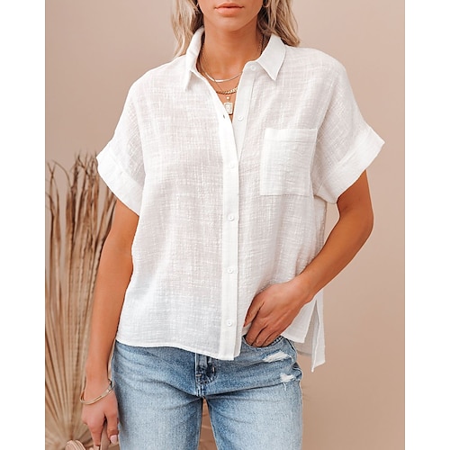 

Mujer Camisa Blusa Bleu Ciel Negro Blanco Plano Botón Bolsillo Manga Corta Casual Básico Cuello Camisero Regular Algodón S