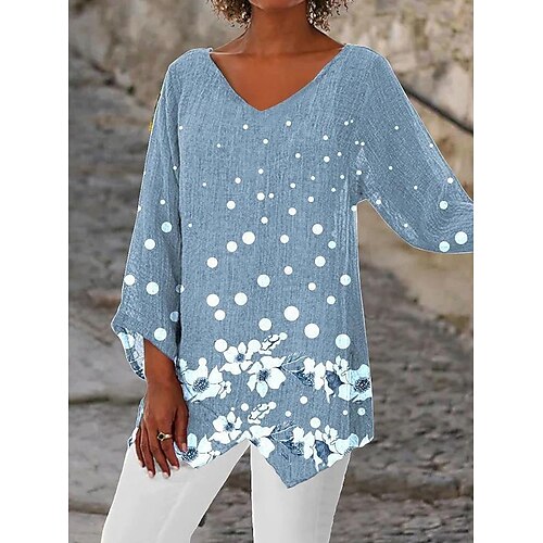 

Women's Shirt Blouse Light Blue Navy Blue Grey Floral Polka Dot Asymmetric Print Long Sleeve Casual Holiday Basic V Neck Long Linen Floral S