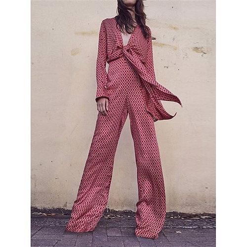 

Damen Jumpsuit mit Schnürung Tasche Plaid V Ausschnitt Elegant Ausgefallene Party Geschäft Regular Fit Langarm Rote S M L XL Sommer