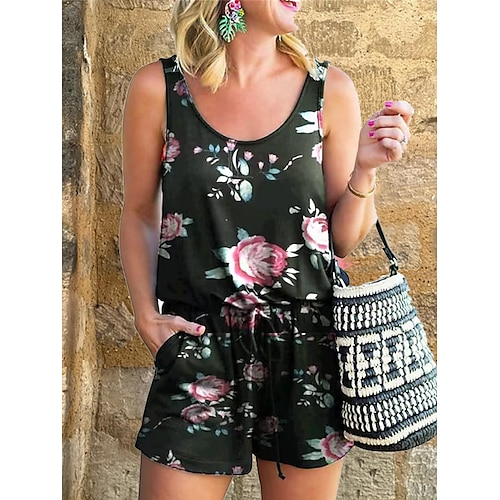 

Mulheres Macacão Frente Única Bolsos Floral Gola Redonda Básico Diário Para Noite Normal Sem Manga Preto Branco Rosa S M L Primavera