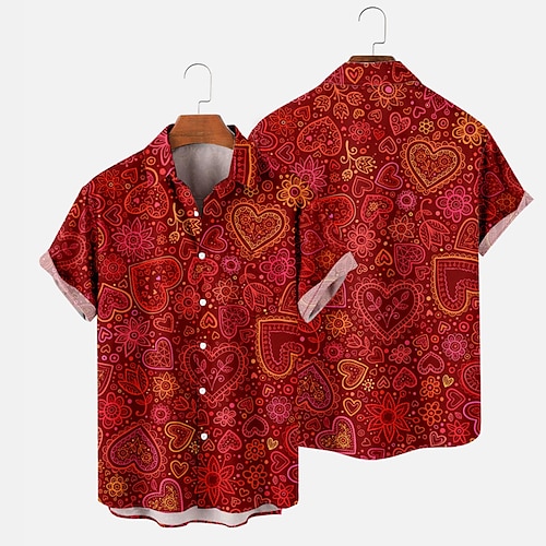 

Hombre Camisa camisa hawaiana Corazón Estampados Cuello Vuelto Rojo Exterior Calle Mangas cortas Abotonar Estampado Ropa Tropical Moda Hawaiano Estilo playero