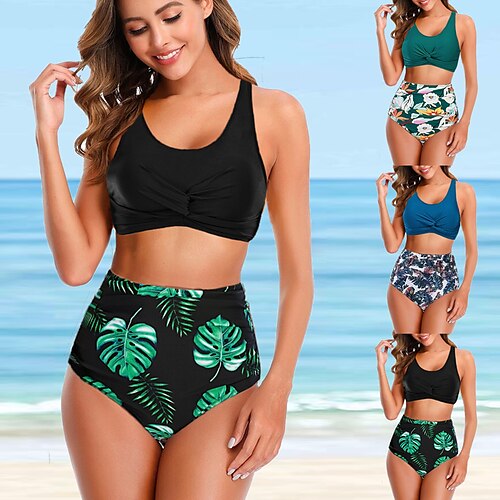 

Women's Swimwear Tankini 2 Piece Normal Swimsuit 2 Piece Printing Floral Black Blue Green Bathing Suits Sports Summer