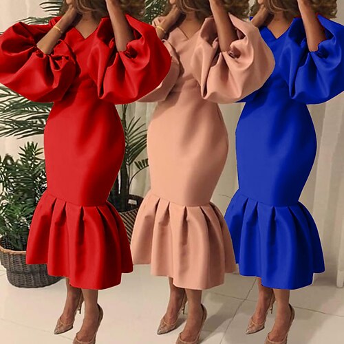 

kvinders semi-formelle festkjole brudekjole midikjole sort blå pink langærmet ren farve pufærmer vinter efterår efterår v-hals vinterkjole efterårskjole 2023 s m l xl xxl xxxl 4xl 5xl