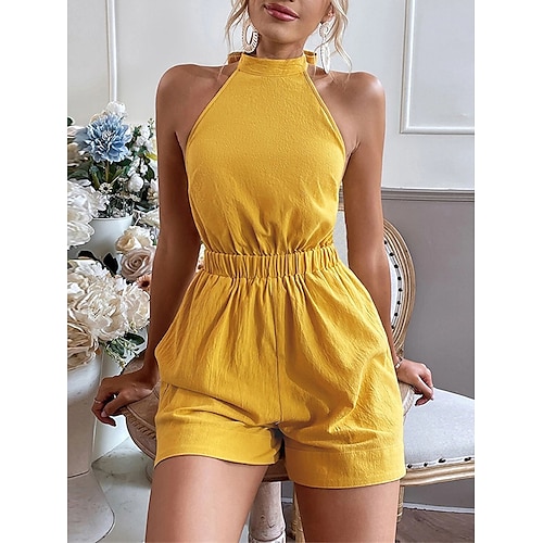 

Mujer Mono Espalda al Aire Alta cintura Color sólido Cuello halter Ropa de calle Diario Vacaciones Ajuste regular Sin Mangas Amarillo XS S M Primavera