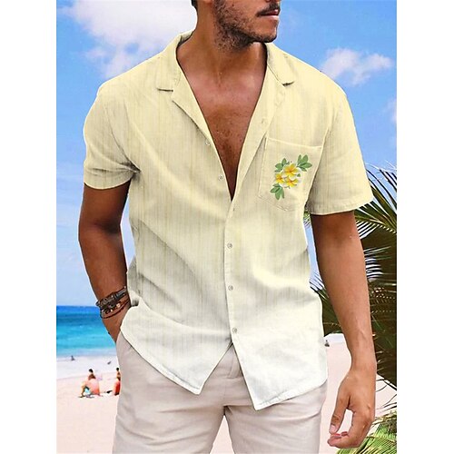 

Men's Shirt Summer Hawaiian Shirt Floral Graphic Prints Cuban Collar Yellow Casual Hawaiian Short Sleeve Button-Down Print Clothing Apparel Linen Tropical Fashion Streetwear Hawaiian