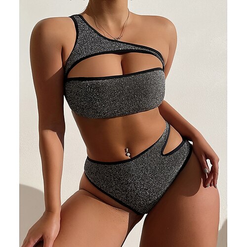 

Women's Swimwear Bikini Normal Swimsuit 2 Piece One Shoulder Solid Color Grey Bathing Suits Sports Summer