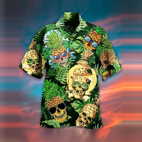 

Hombre Camisa camisa hawaiana Cráneos Piña Estampados Cuello Vuelto Verde Trébol Casual Festivos Manga Corta Abotonar Estampado Ropa Tropical Moda Hawaiano Suave