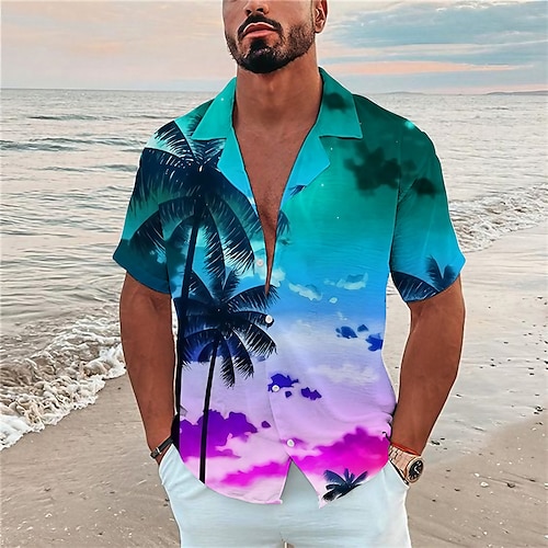 

Men's Shirt Summer Hawaiian Shirt Coconut Tree Graphic Prints Cuban Collar Yellow Pink Navy Blue Blue Purple Casual Holiday Short Sleeve Button-Down Print Clothing Apparel Tropical Fashion Streetwear