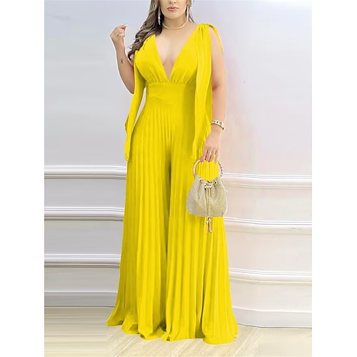 

Combinaison Femme Plissé Taille haute Couleur unie V Profond Elégant Soirée Entreprise Standard Sans Manches Noir S Printemps