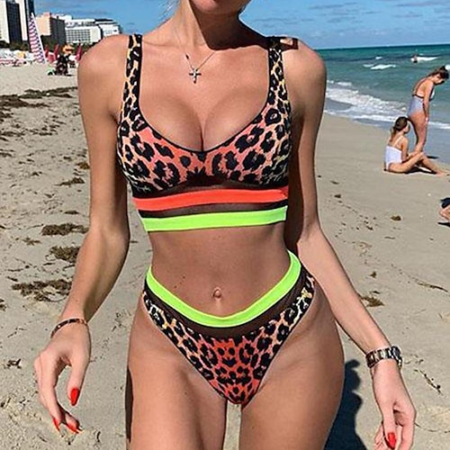 

Women's Swimwear Bikini Normal Swimsuit 2 Piece Printing Leopard Red Bathing Suits Sports Summer