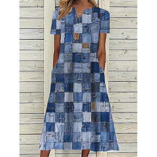 

Dame Uformell kjole Print kjole Løs kjole Geometrisk Fargeblokk Lomme Trykt mønster V-hals Midikjole Aktiv Mote utendørs Feriereise Kortermet Normal Blå Vår Sommer S M L XL XXL