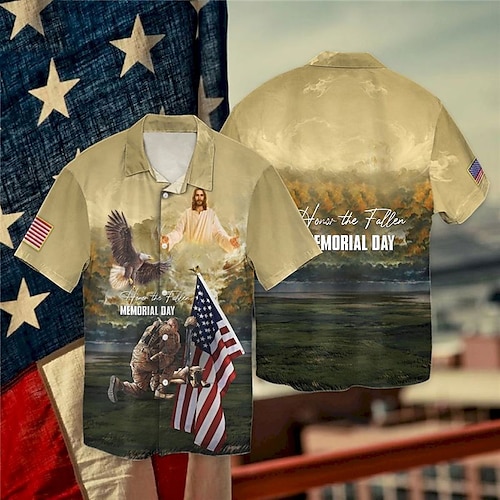 

Men's Shirt Summer Hawaiian Shirt Vintage Hawaiian Shirts Graphic Prints Jesus National Flag Cuban Collar Khaki Casual Hawaiian Short Sleeve Button-Down Print Clothing Apparel Tropical Fashion