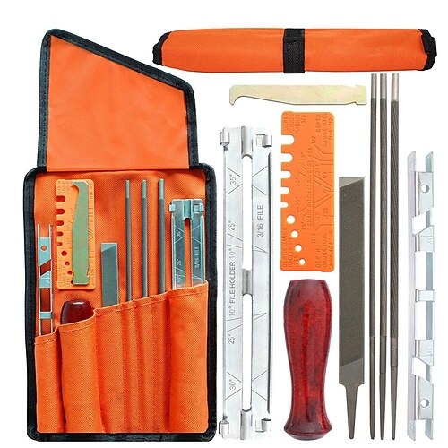 

10 pièces/ensemble kit d'affûtage de chaîne de tronçonneuse professionnel ensemble d'outils manche en bois dur rond/plat barre de guidage outils d'affûtage de fichiers