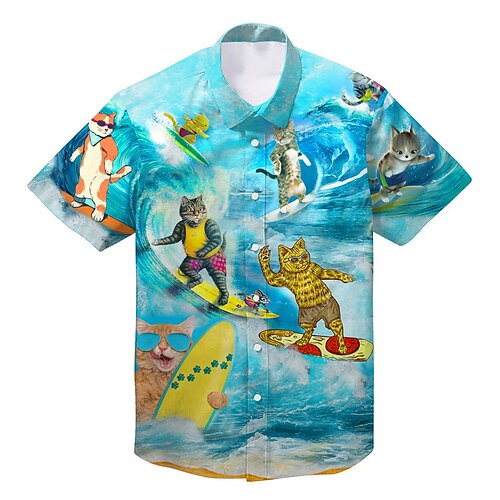 

Homens Camisa Social Camisa havaiana Gato Estampas Abstratas Surf Aberto para a Lateral Azul Ao ar livre Rua Manga Curta Botão para baixo Imprimir Roupa Esportes Moda Roupa de rua Designer