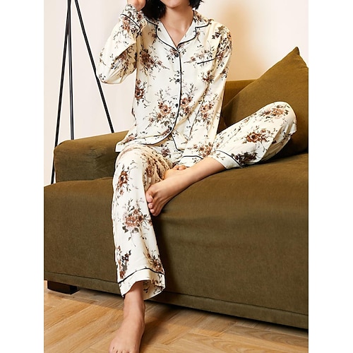 

Per donna loungewear Completi Fiore decorativo Informale Comoda Morbido Interni Giornaliero Da letto Cotone Traspirante Bavero Manica lunga Camicia Pantalone Vita elastica Autunno Primavera Giallo