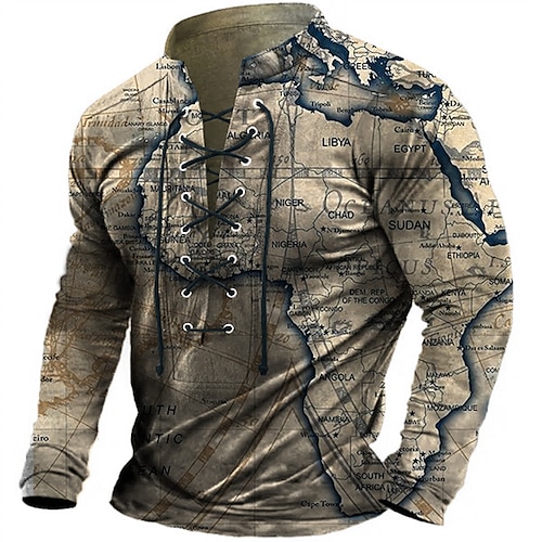 

Homens Moletom Azul Marron Verde Cinzento Henley Gráfico Mapa Cordões Desportos e Ar livre Diário Esportes Impressão 3D Básico Designer Casual Primavera Outono Roupa Moletons Moletons