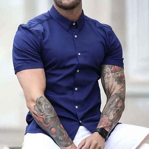 

Herre Skjorte Button Up skjorte Casual skjorte Mørkeblå Kortærmet Vanlig Aftæpning Gade Daglig Trykt mønster Tøj Mode Afslappet Bekvem