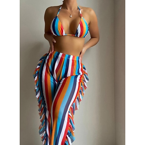 

Mulheres Roupa de Banho Biquíni Três Peças Normal roupa de banho 3 Peças Estampado Listrado Arco-íris Fatos de banho Esportivo Verão