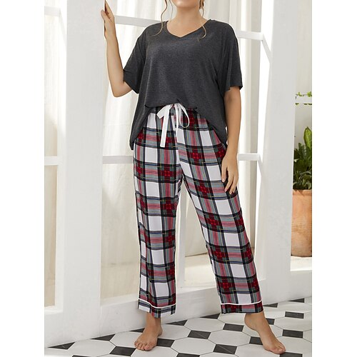 

Per donna Plus Size loungewear Completi Griglia / Scacchi Semplice Informale Comoda Interni Giornaliero Da letto Poliestere Traspirante Spacco a V Manica corta Pantalone Vita elastica Primavera Estate