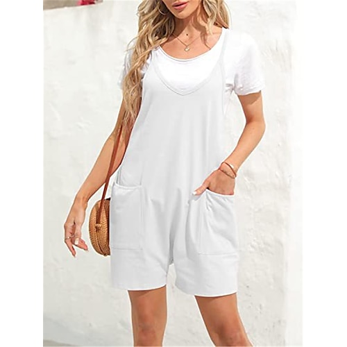 

Salopette Femme Poche Couleur unie Col V basique du quotidien Vacances Standard Sans Manches Noir S Printemps