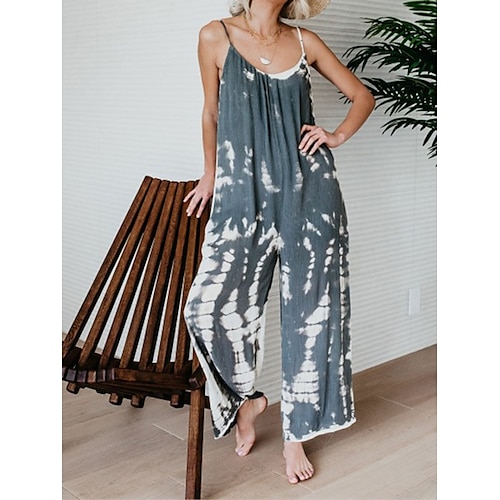 

Women's Jumpsuit Backless Print Tie Dye V Neck Streetwear Daily Vacation Regular Fit Sleeveless Brown Green S M L Spring