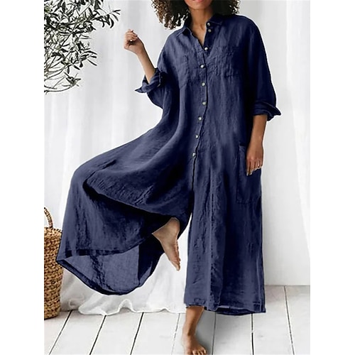 

Combinaison Femme Bouton Poche Couleur unie Col de Chemise basique du quotidien Vacances Standard Manches 3/4 bleu marine M Printemps