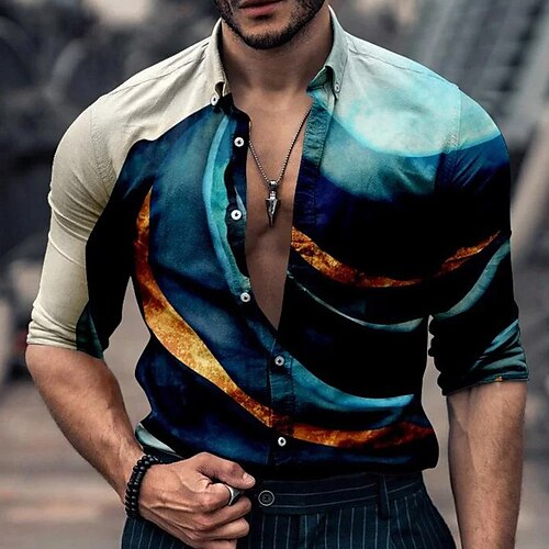 

Hombre Camisa Degradado Estampados Cuello Vuelto Azul Piscina Exterior Calle Manga Larga Abotonar Estampado Ropa Tropical Moda Design Suave