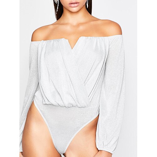 

Women's Bodysuit Backless Solid Color Off Shoulder Streetwear Vacation Going out Regular Fit Long Sleeve White Pink S M L Spring