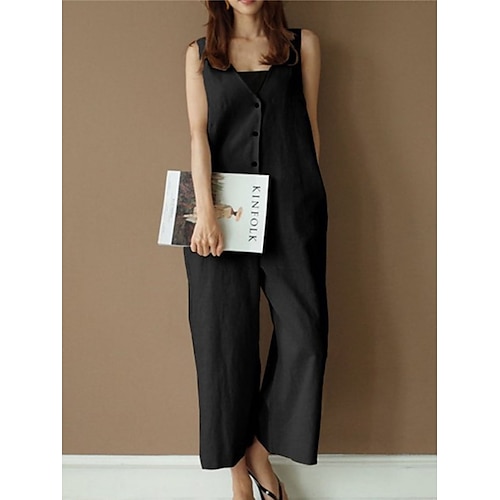 

Combinaison Femme Bouton Couleur unie Col V Vêtement de rue du quotidien Vacances Standard Sans Manches Noir S Printemps