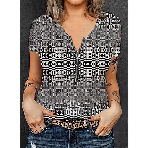 

T shirt Tee Femme Noir Gris Clair Gris foncé Graphic Quarter Zip Imprimer Manche Courte du quotidien Fin de semaine basique Col V Normal Standard Peinture S