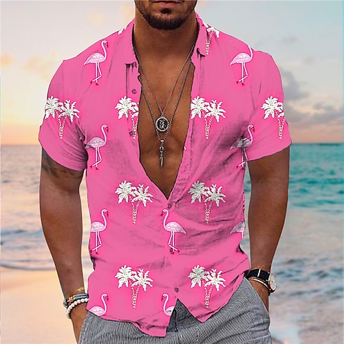 

Men's Shirt Summer Hawaiian Shirt Flamingo Coconut Tree Graphic Prints Turndown Yellow Pink Navy Blue Blue Green Daily Hawaiian Short Sleeves Button-Down Print Clothing Apparel Tropical Fashion