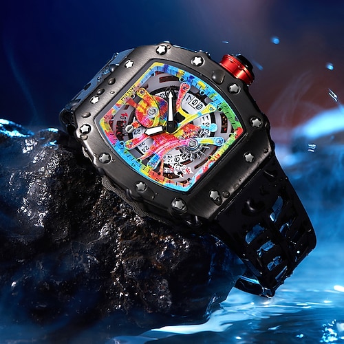 

pintime square quarzuhr tonneau tourbillon skelett herrenuhr trend coloful zifferblatt leuchtzeiger reloj silikonband uhr