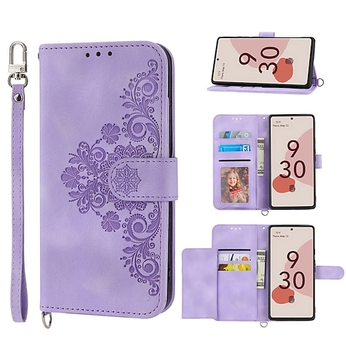 

teléfono Funda Para Google Tarjetas billetera Píxel 7/7Pro / 6/6Pro con correa de muñeca Ranuras para tarjetas Flip magnético Color sólido Flor TPU Cuero de PU