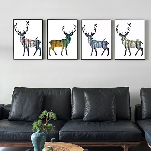 

4 Panels Animal Prints Deer Wall Art Modern Picture Home Decor Wall Hanging Gift With Inner Frame 12'' x 16'' (30x40cm)